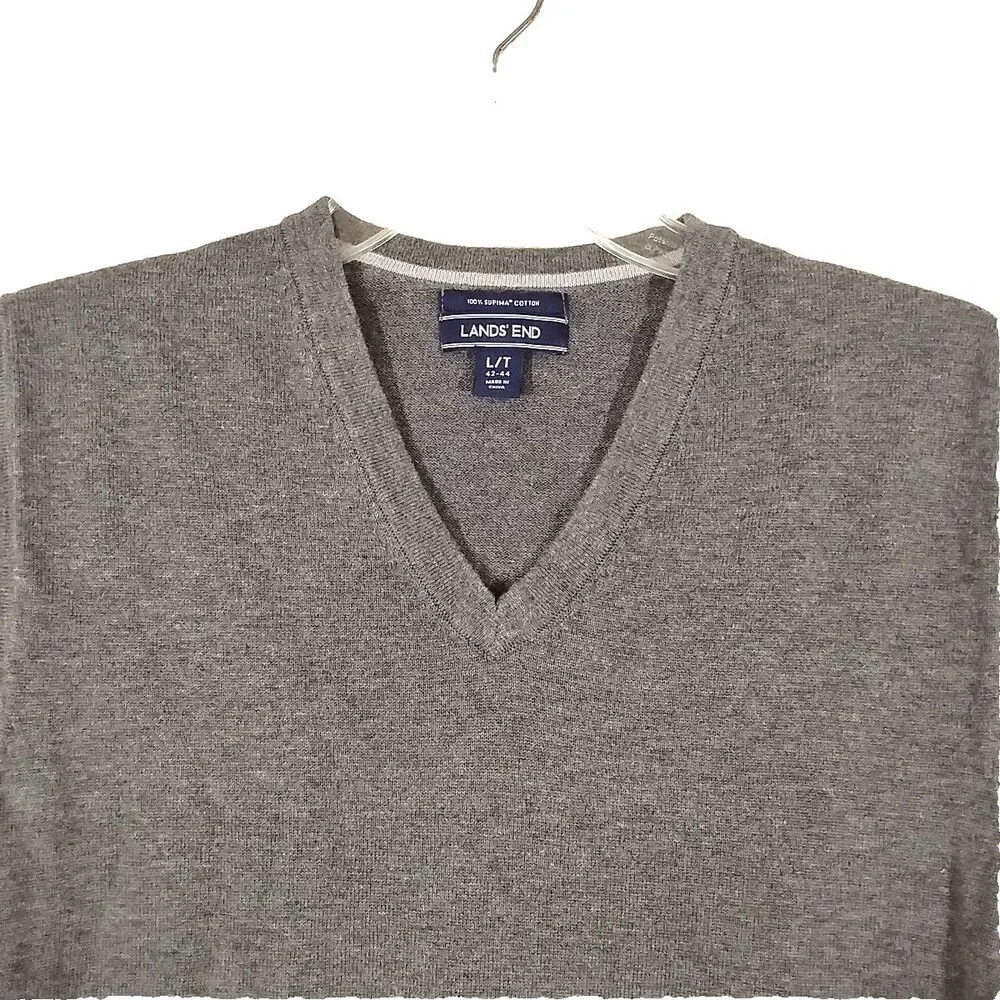 Lands End Sweater Vest Mens Large L Gray V-Neck Supima Cotton